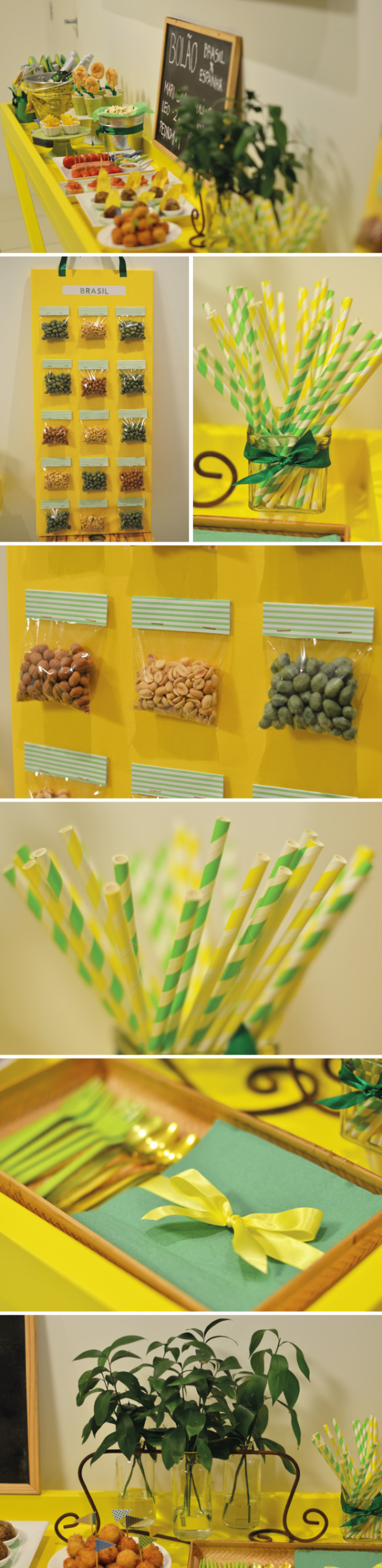 Mix de amendoins sortidos, canudinhos verdes e amarelos, guardanapos com laços e folhas em garrafas para decorar